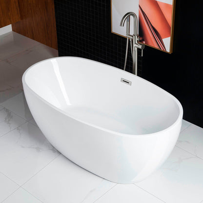 WoodBridge B0018 59" White Acrylic Freestanding Soaking Bathtub With Brushed Nickel Drain, Overflow, F0070BNVT Tub Filler and Caddy Tray