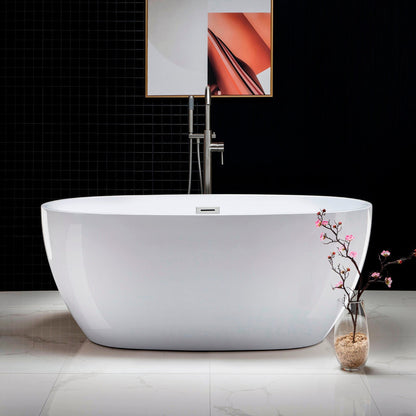 WoodBridge B0018 59" White Acrylic Freestanding Soaking Bathtub With Brushed Nickel Drain and Overflow