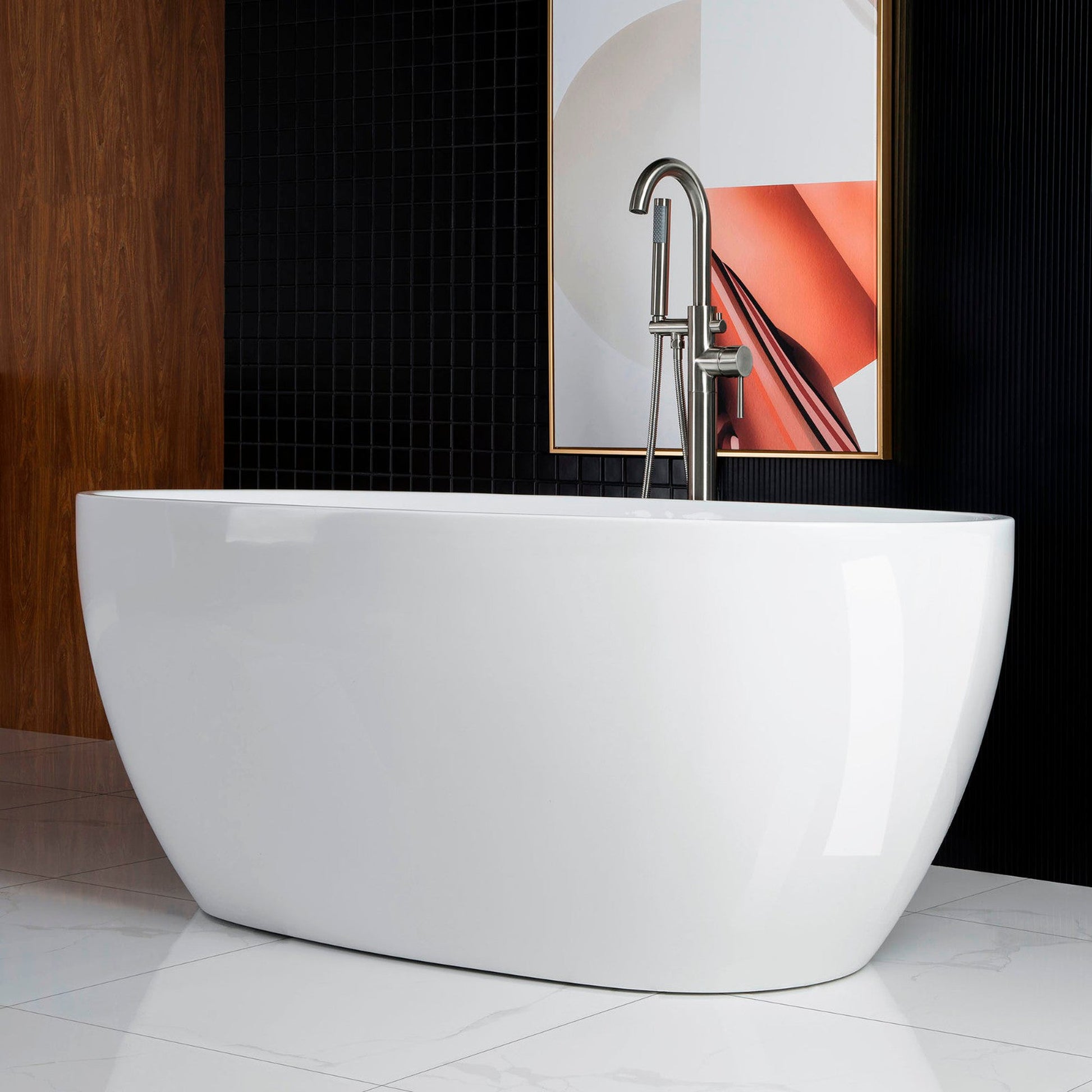 WoodBridge B0018 59" White Acrylic Freestanding Soaking Bathtub With Brushed Nickel Drain and Overflow