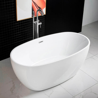 WoodBridge B0018 59" White Acrylic Freestanding Soaking Bathtub With Chrome Drain, Overflow, F0071CHVT Tub Filler and Caddy Tray