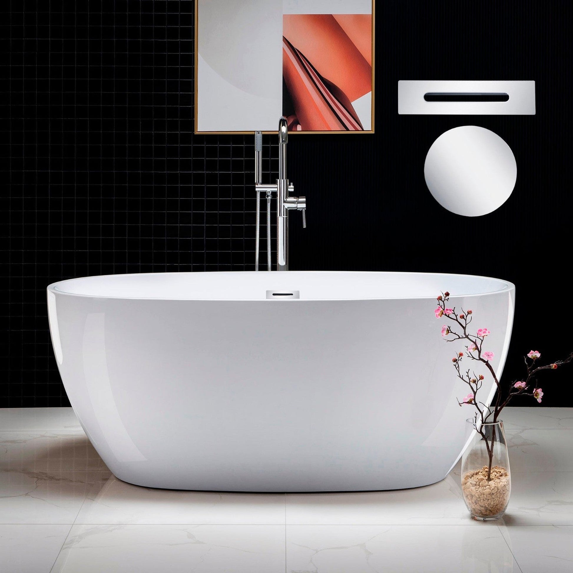 WoodBridge B0018 59" White Acrylic Freestanding Soaking Bathtub With Chrome Drain, Overflow, F0071CHVT Tub Filler and Caddy Tray