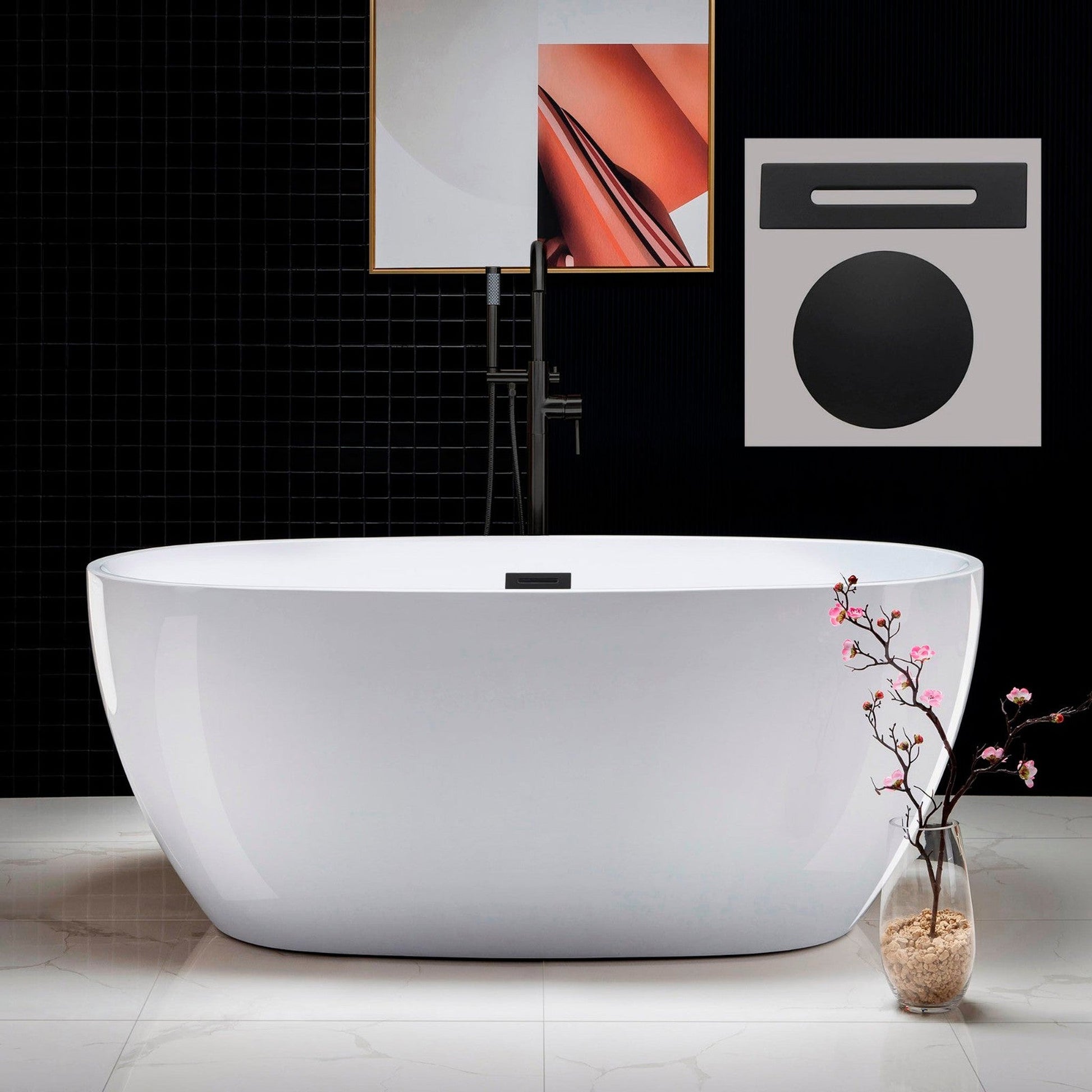 WoodBridge B0018 59" White Acrylic Freestanding Soaking Bathtub With Matte Black Drain, Overflow, F0072MBVT Tub Filler and Caddy Tray