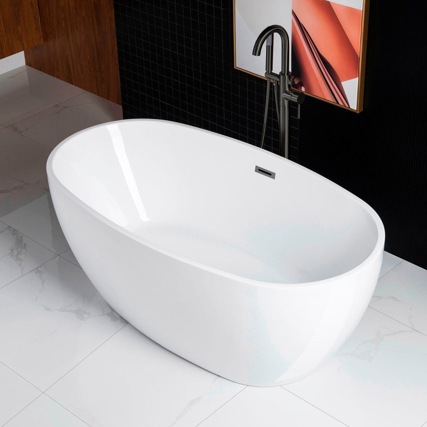 WoodBridge B0018 59" White Acrylic Freestanding Soaking Bathtub With Matte Black Drain, Overflow, F0072MBVT Tub Filler and Caddy Tray