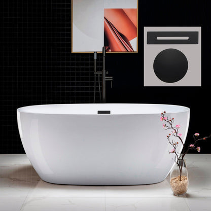 WoodBridge B0018 59" White Acrylic Freestanding Soaking Bathtub With Matte Black Drain, Overflow, F0072MBVT Tub Filler and Caddy Tray