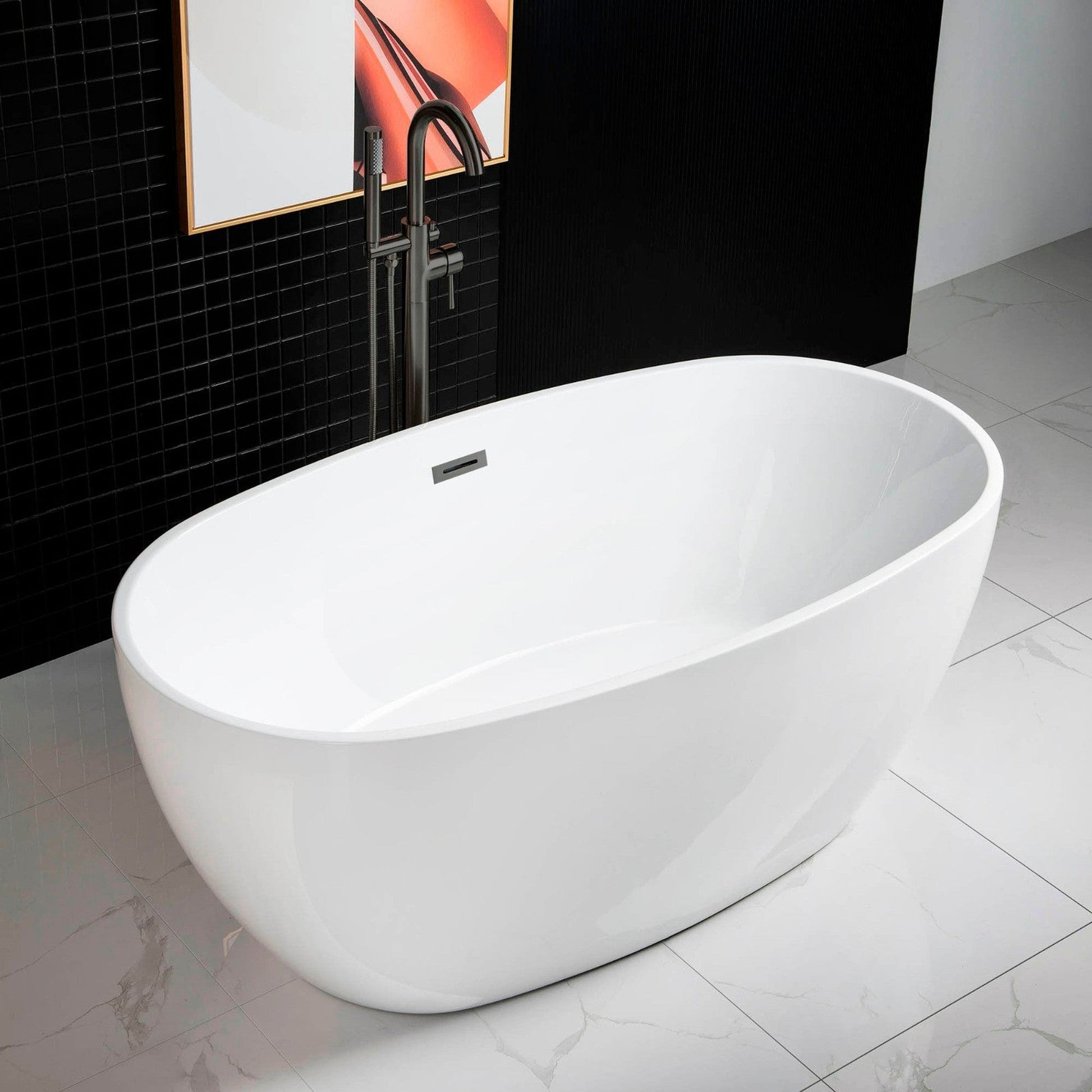 WoodBridge B0018 59" White Acrylic Freestanding Soaking Bathtub With Matte Black Drain, Overflow, F0072MBVT Tub Filler and Caddy Tray