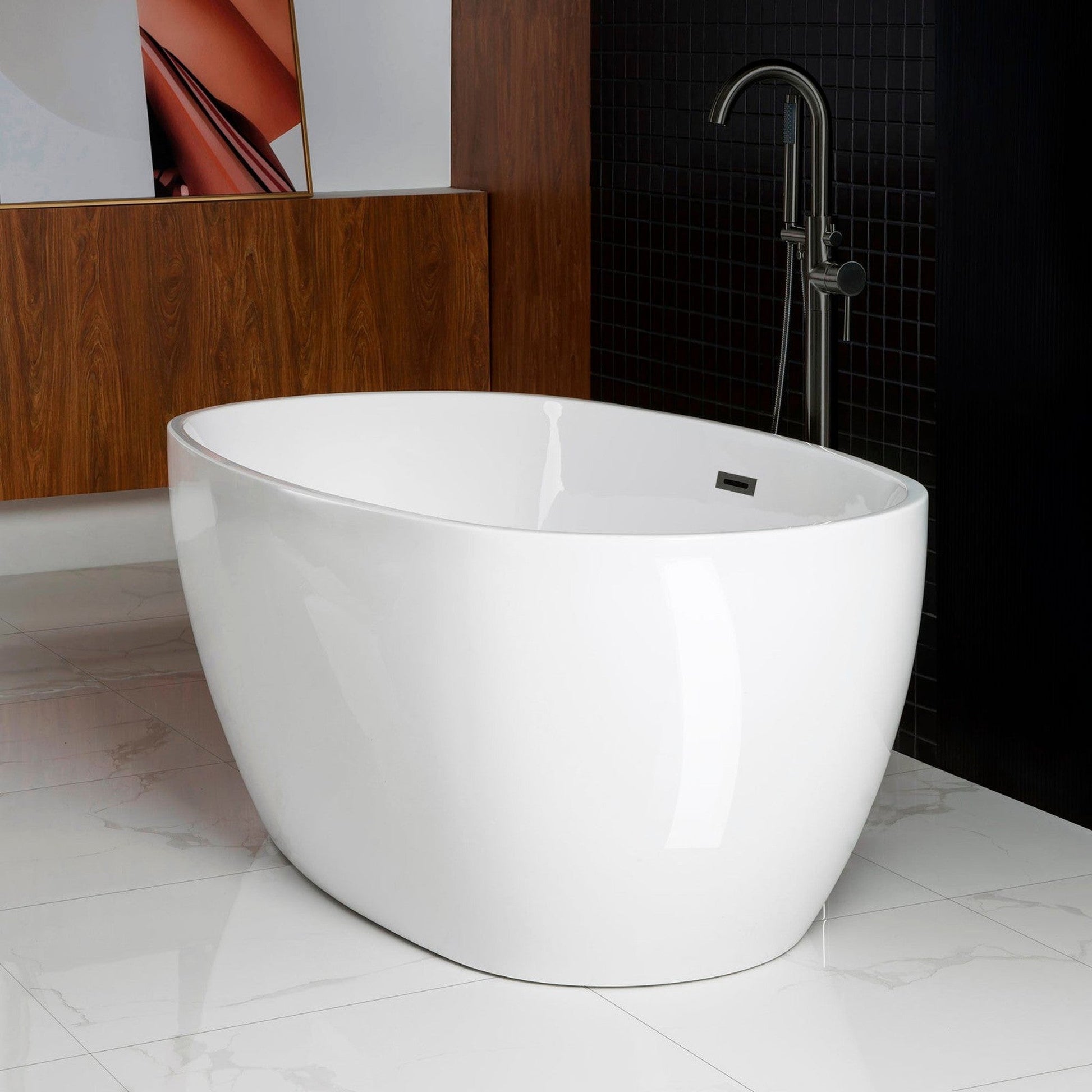 WoodBridge B0018 59" White Acrylic Freestanding Soaking Bathtub With Matte Black Drain, Overflow, F0072MBVT Tub Filler and Caddy Tray