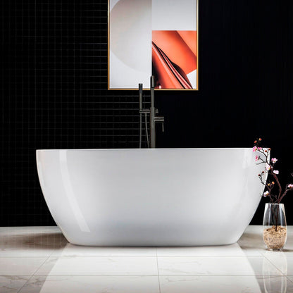 WoodBridge B0018 59" White Acrylic Freestanding Soaking Bathtub With Matte Black Drain, Overflow, F0072MBVT Tub Filler and Caddy Tray