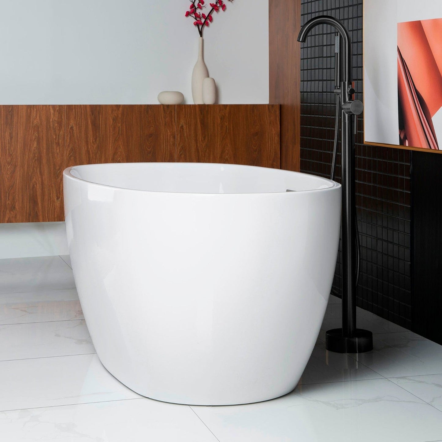 WoodBridge B0018 59" White Acrylic Freestanding Soaking Bathtub With Matte Black Drain, Overflow, F0072MBVT Tub Filler and Caddy Tray