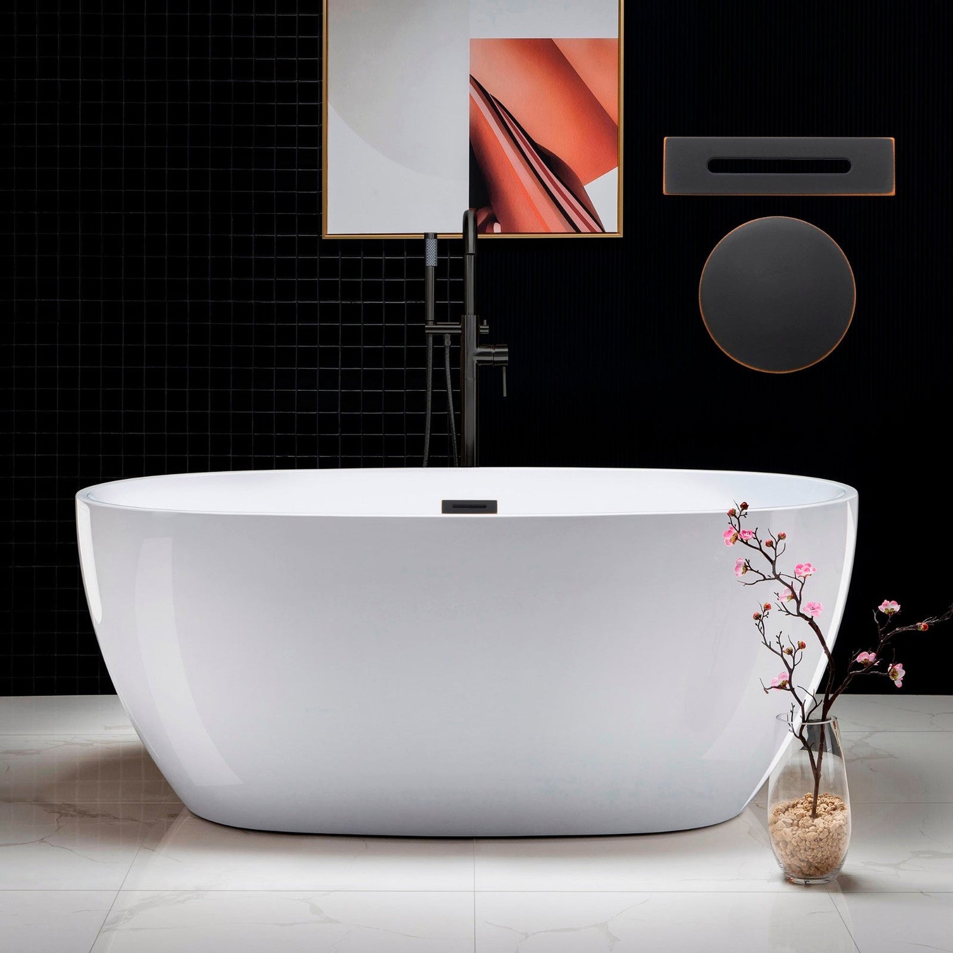 WoodBridge B0018 59" White Acrylic Freestanding Soaking Bathtub With Oil Rubbed Bronze Drain and Overflow