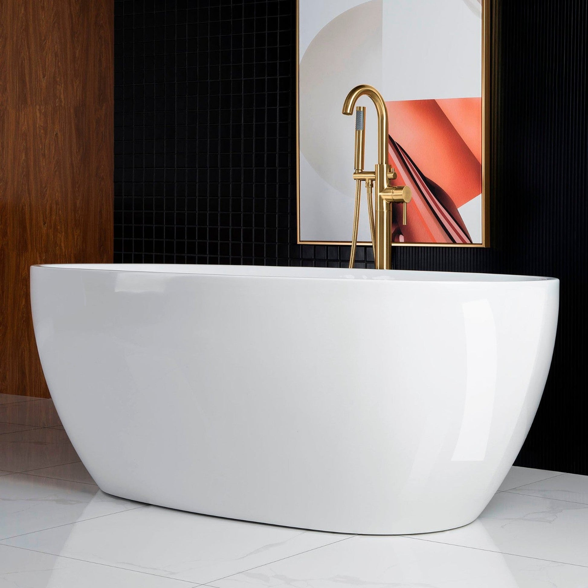 WoodBridge B0028 67" White Acrylic Freestanding Soaking Bathtub With Brushed Gold Drain, Overflow, F0073BGVT Tub Filler and Caddy Tray