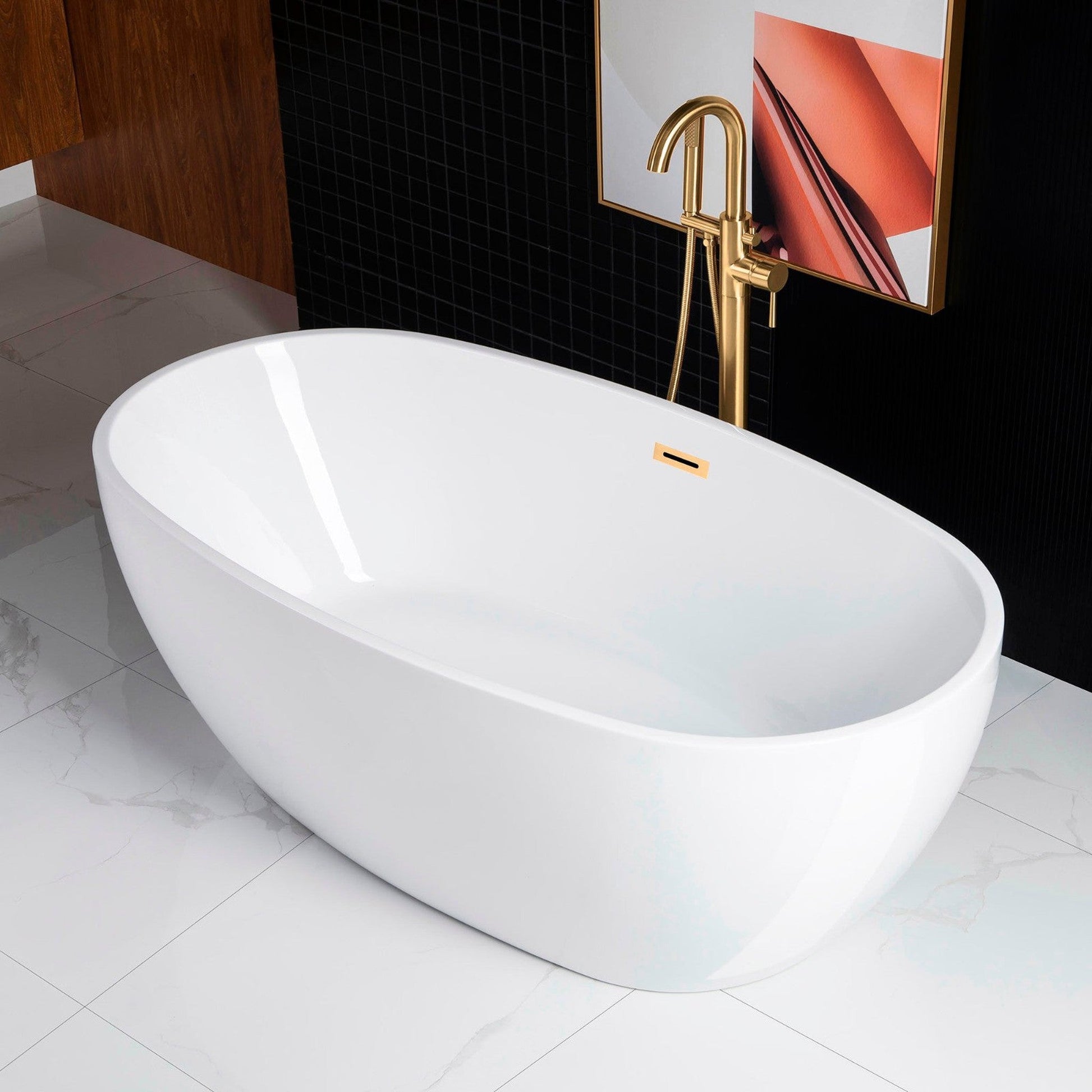 WoodBridge B0028 67" White Acrylic Freestanding Soaking Bathtub With Brushed Gold Drain, Overflow, F0073BGVT Tub Filler and Caddy Tray