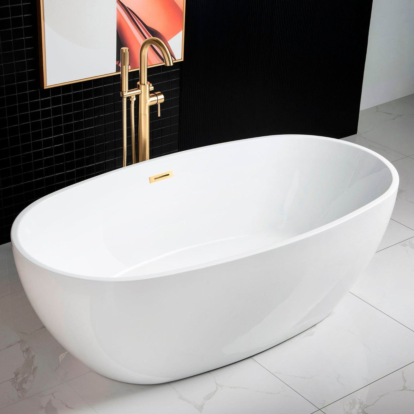 WoodBridge B0028 67" White Acrylic Freestanding Soaking Bathtub With Brushed Gold Drain, Overflow, F0073BGVT Tub Filler and Caddy Tray