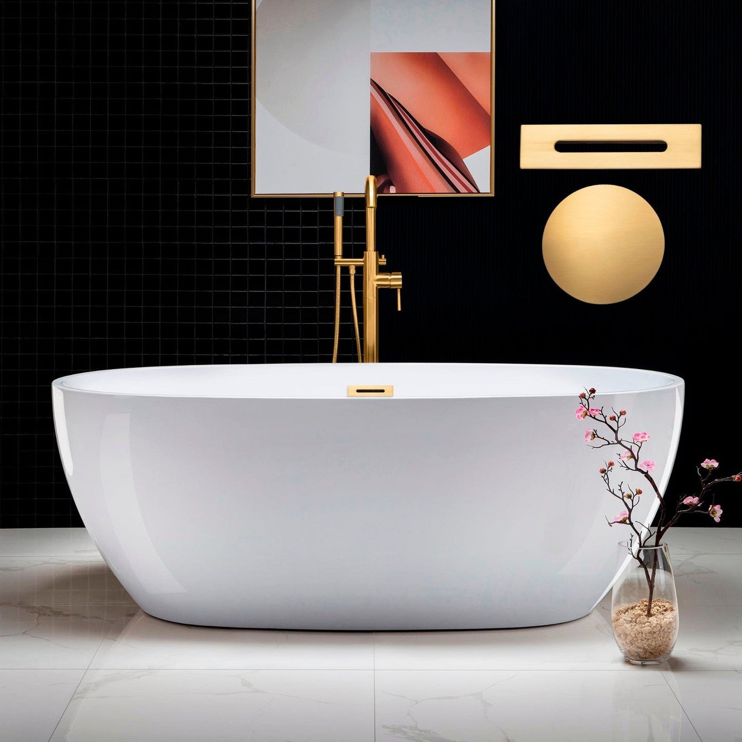 WoodBridge B0028 67" White Acrylic Freestanding Soaking Bathtub With Brushed Gold Drain, Overflow, F0073BGVT Tub Filler and Caddy Tray