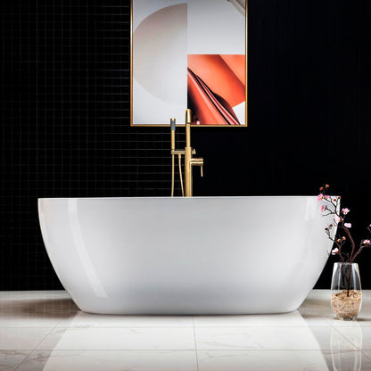 WoodBridge B0028 67" White Acrylic Freestanding Soaking Bathtub With Brushed Gold Drain and Overflow