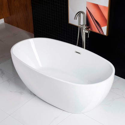 WoodBridge B0028 67" White Acrylic Freestanding Soaking Bathtub With Brushed Nickel Drain, Overflow, F0070BNVT Tub Filler and Caddy Tray