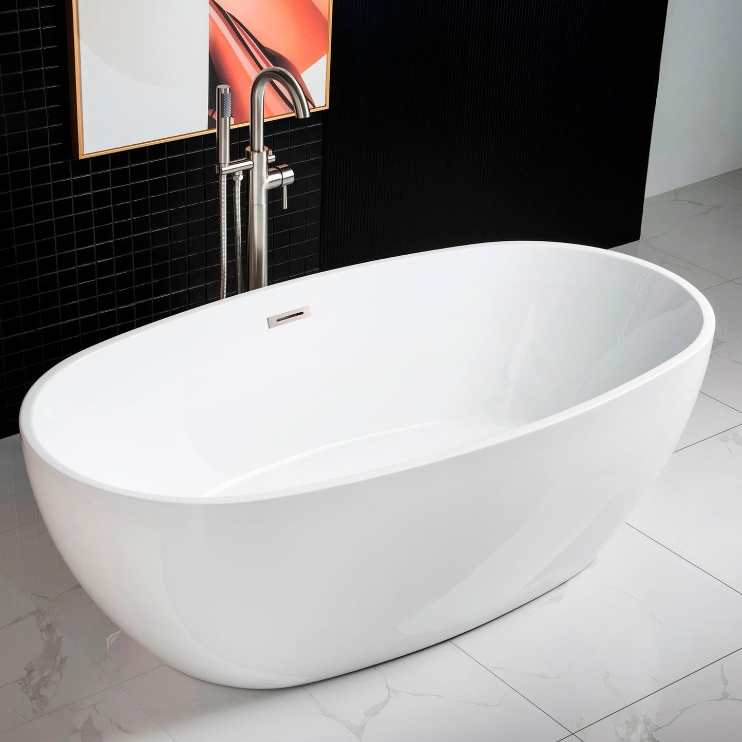 WoodBridge B0028 67" White Acrylic Freestanding Soaking Bathtub With Brushed Nickel Drain and Overflow