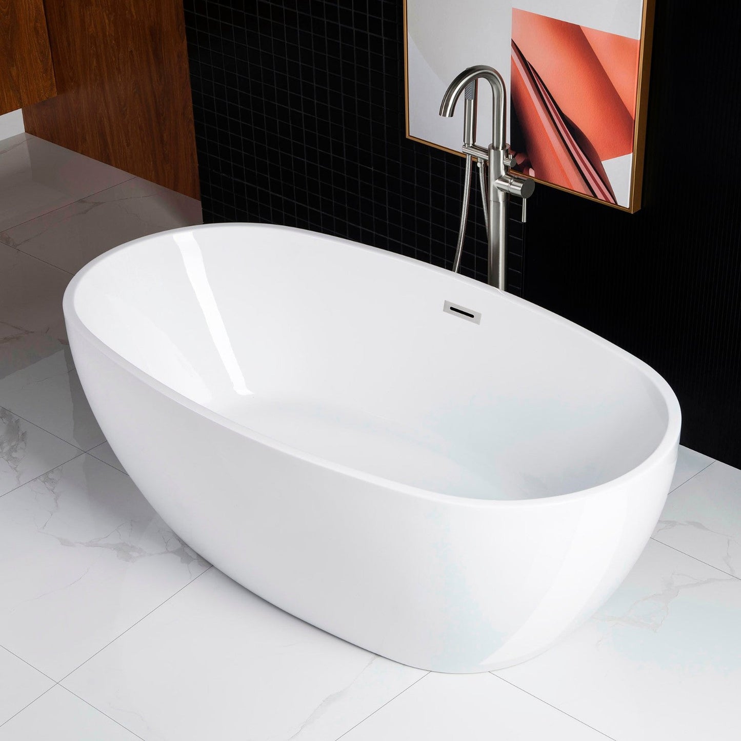 WoodBridge B0028 67" White Acrylic Freestanding Soaking Bathtub With Brushed Nickel Drain and Overflow