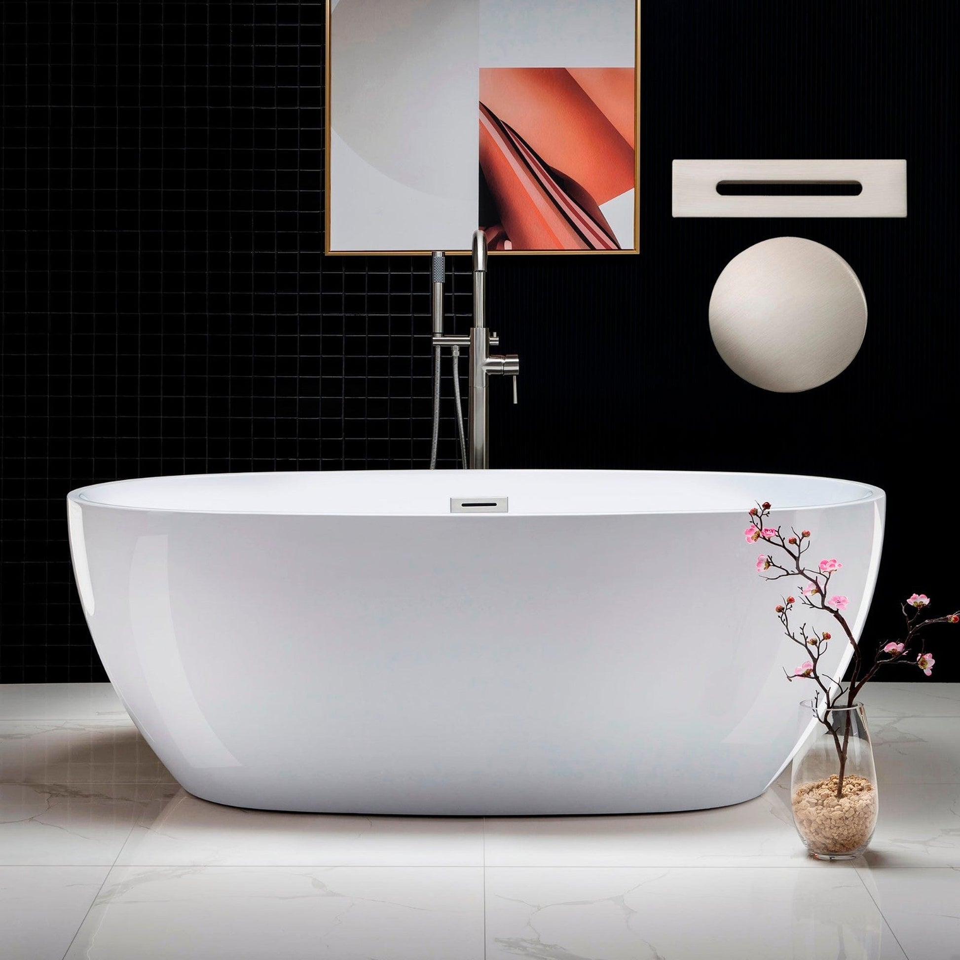 WoodBridge B0028 67" White Acrylic Freestanding Soaking Bathtub With Brushed Nickel Drain and Overflow