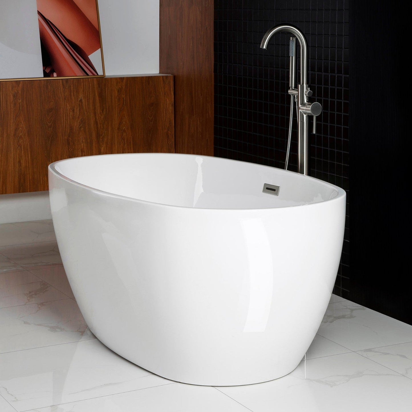 WoodBridge B0028 67" White Acrylic Freestanding Soaking Bathtub With Chrome Drain, Overflow, F0071CHVT Tub Filler and Caddy Tray