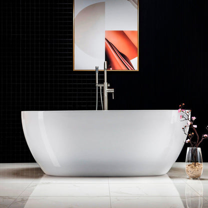 WoodBridge B0028 67" White Acrylic Freestanding Soaking Bathtub With Chrome Drain, Overflow, F0071CHVT Tub Filler and Caddy Tray