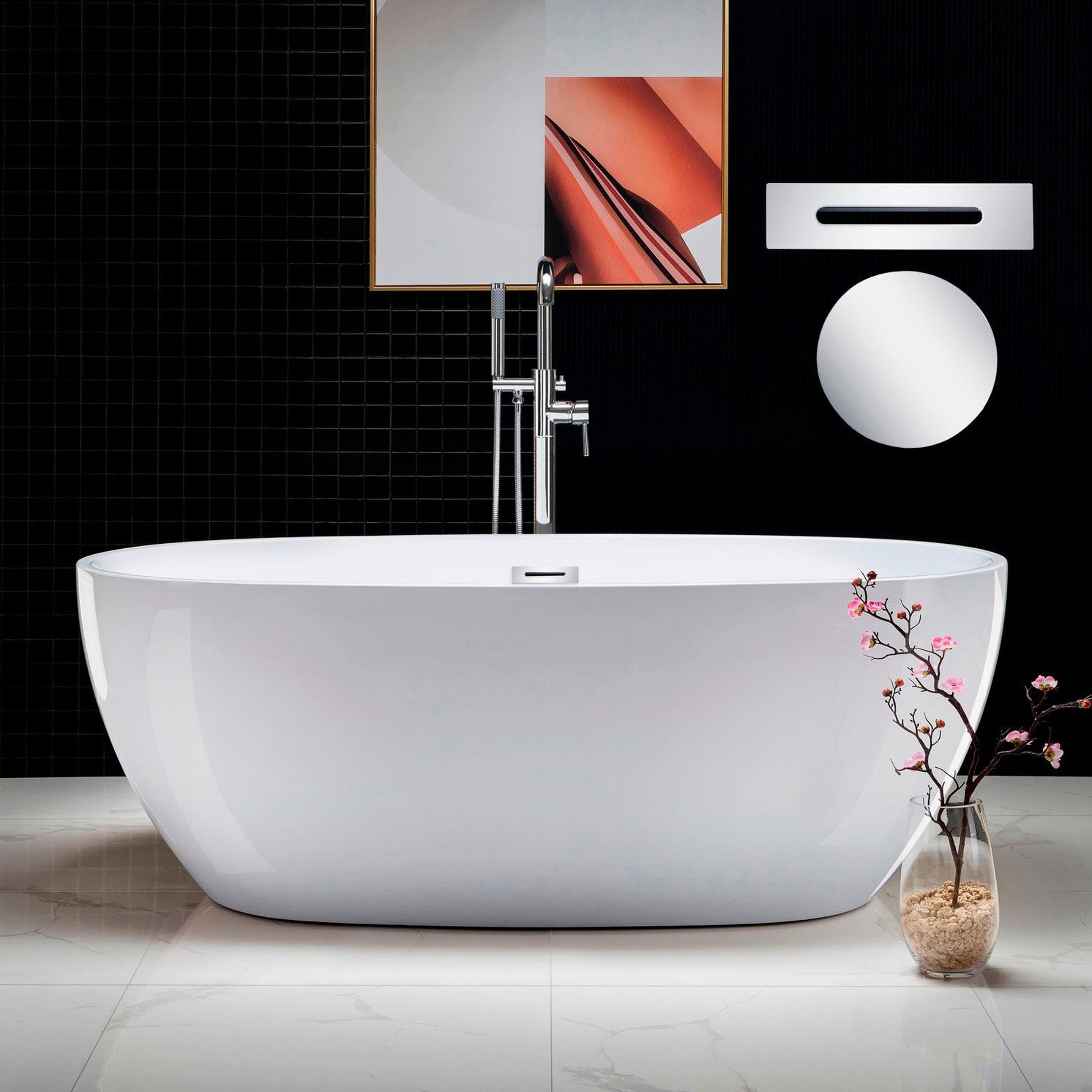 WoodBridge B0028 67" White Acrylic Freestanding Soaking Bathtub With Chrome Drain and Overflow