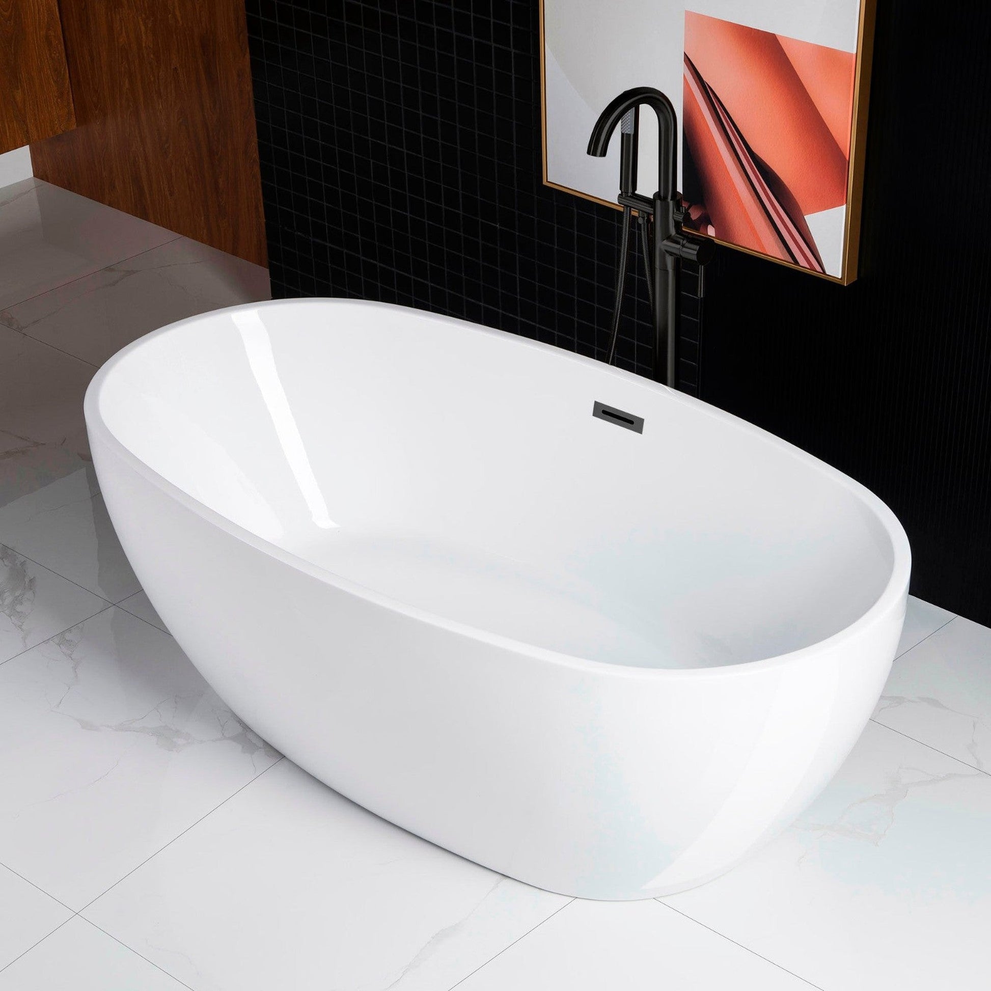 WoodBridge B0028 67" White Acrylic Freestanding Soaking Bathtub With Matte Black Drain, Overflow, F0072MBVT Tub Filler and Caddy Tray