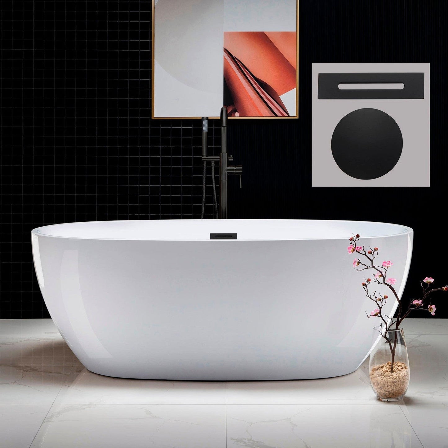 WoodBridge B0028 67" White Acrylic Freestanding Soaking Bathtub With Matte Black Drain, Overflow, F0072MBVT Tub Filler and Caddy Tray