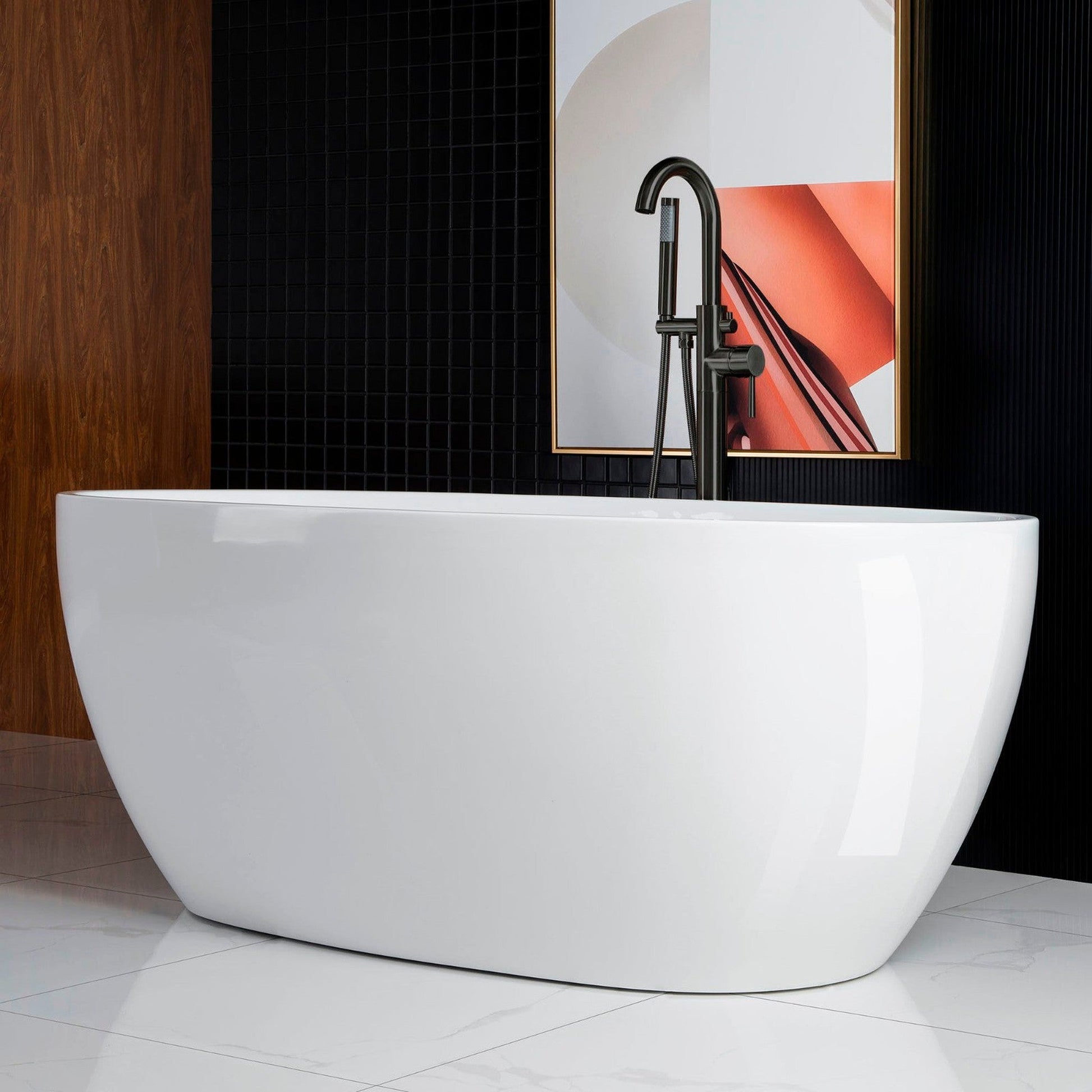 WoodBridge B0028 67" White Acrylic Freestanding Soaking Bathtub With Matte Black Drain, Overflow, F0072MBVT Tub Filler and Caddy Tray