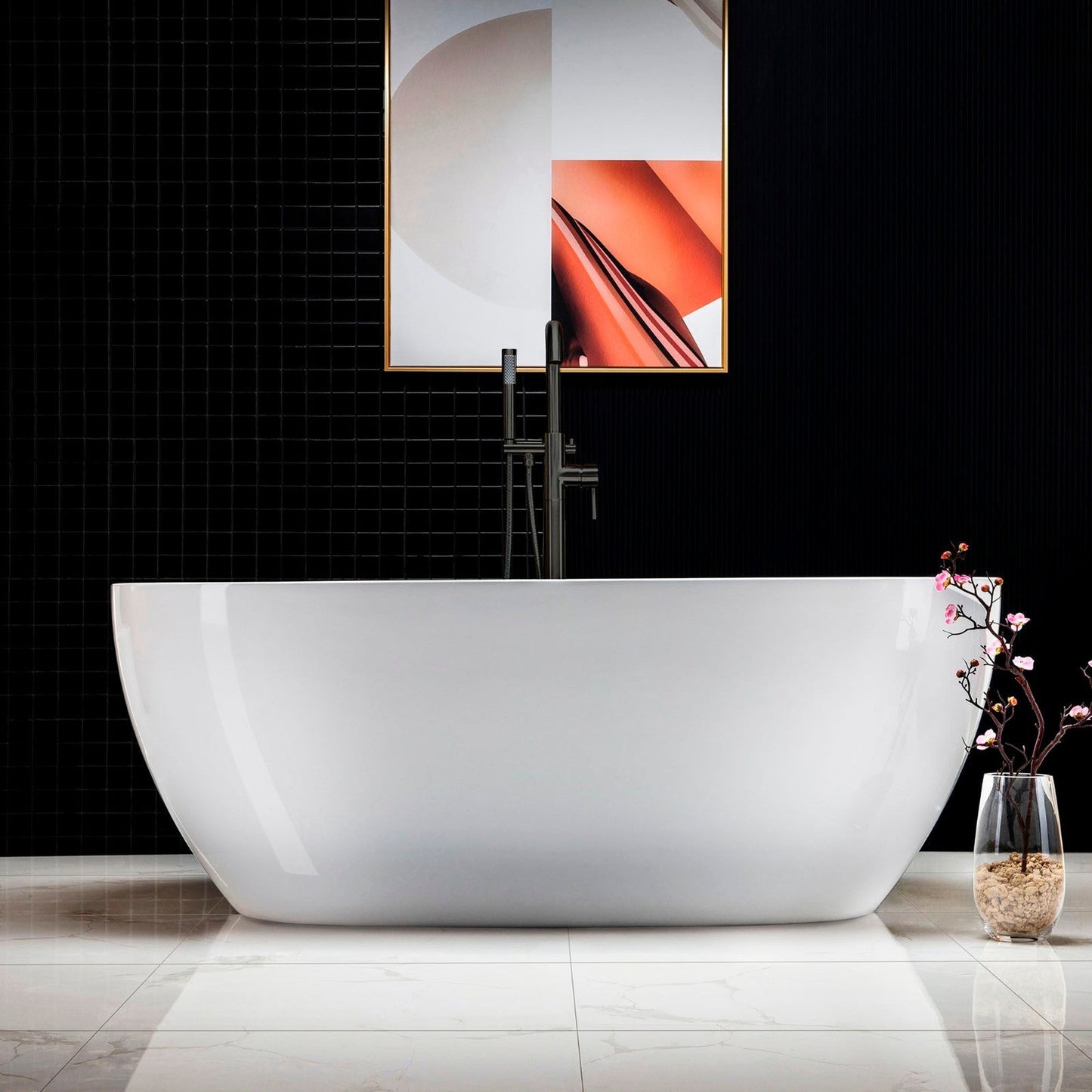 WoodBridge B0028 67" White Acrylic Freestanding Soaking Bathtub With Matte Black Drain and Overflow