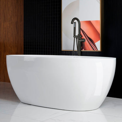 WoodBridge B0028 67" White Acrylic Freestanding Soaking Bathtub With Matte Black Drain and Overflow