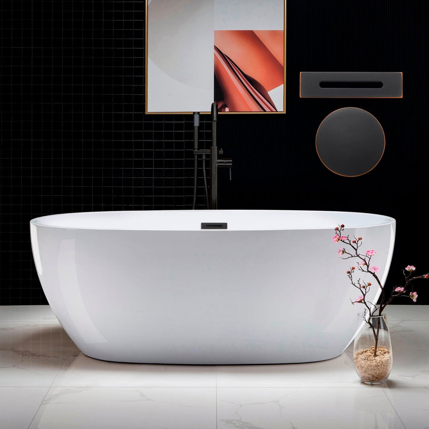 WoodBridge B0028 67" White Acrylic Freestanding Soaking Bathtub With Oil Rubbed Bronze Drain and Overflow