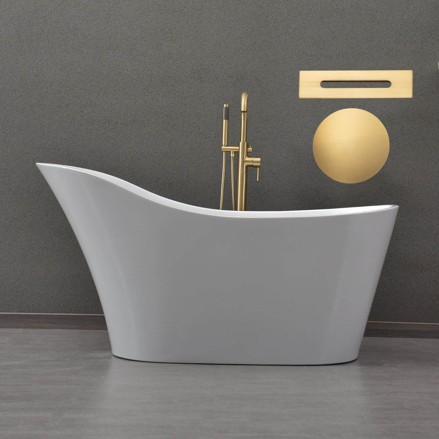 WoodBridge B0029 59" White Acrylic Freestanding Soaking Bathtub With Brushed Gold Drain, Overflow, F0073BGVT Tub Filler and Caddy Tray