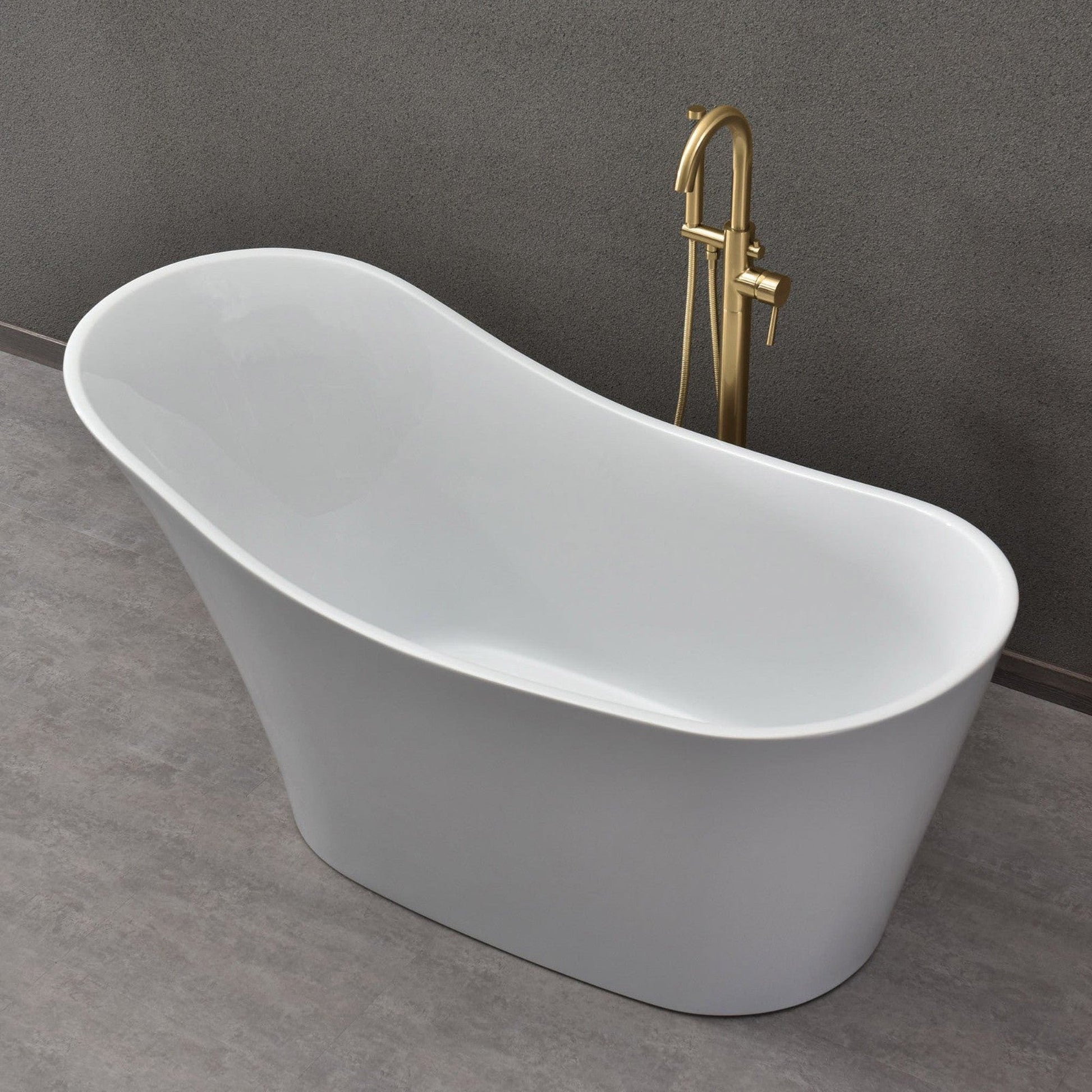WoodBridge B0029 59" White Acrylic Freestanding Soaking Bathtub With Brushed Gold Drain, Overflow, F0073BGVT Tub Filler and Caddy Tray