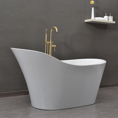 WoodBridge B0029 59" White Acrylic Freestanding Soaking Bathtub With Brushed Gold Drain, Overflow, F0073BGVT Tub Filler and Caddy Tray