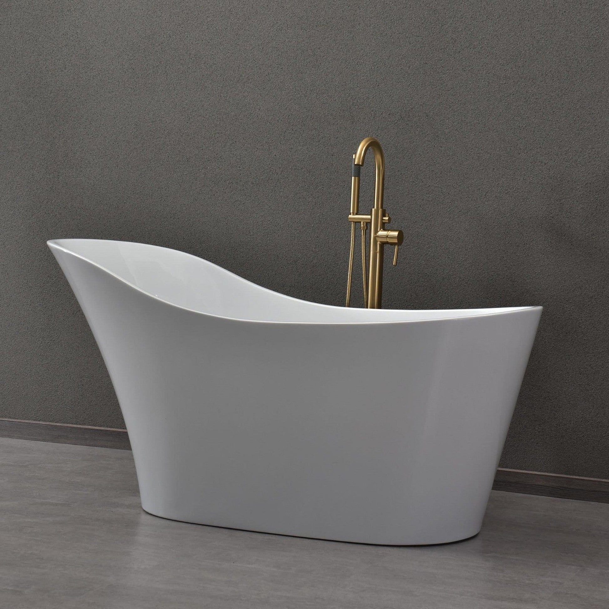 WoodBridge B0029 59" White Acrylic Freestanding Soaking Bathtub With Brushed Gold Drain, Overflow, F0073BGVT Tub Filler and Caddy Tray