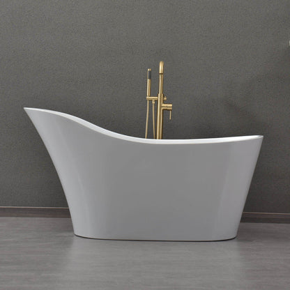 WoodBridge B0029 59" White Acrylic Freestanding Soaking Bathtub With Brushed Gold Drain, Overflow, F0073BGVT Tub Filler and Caddy Tray