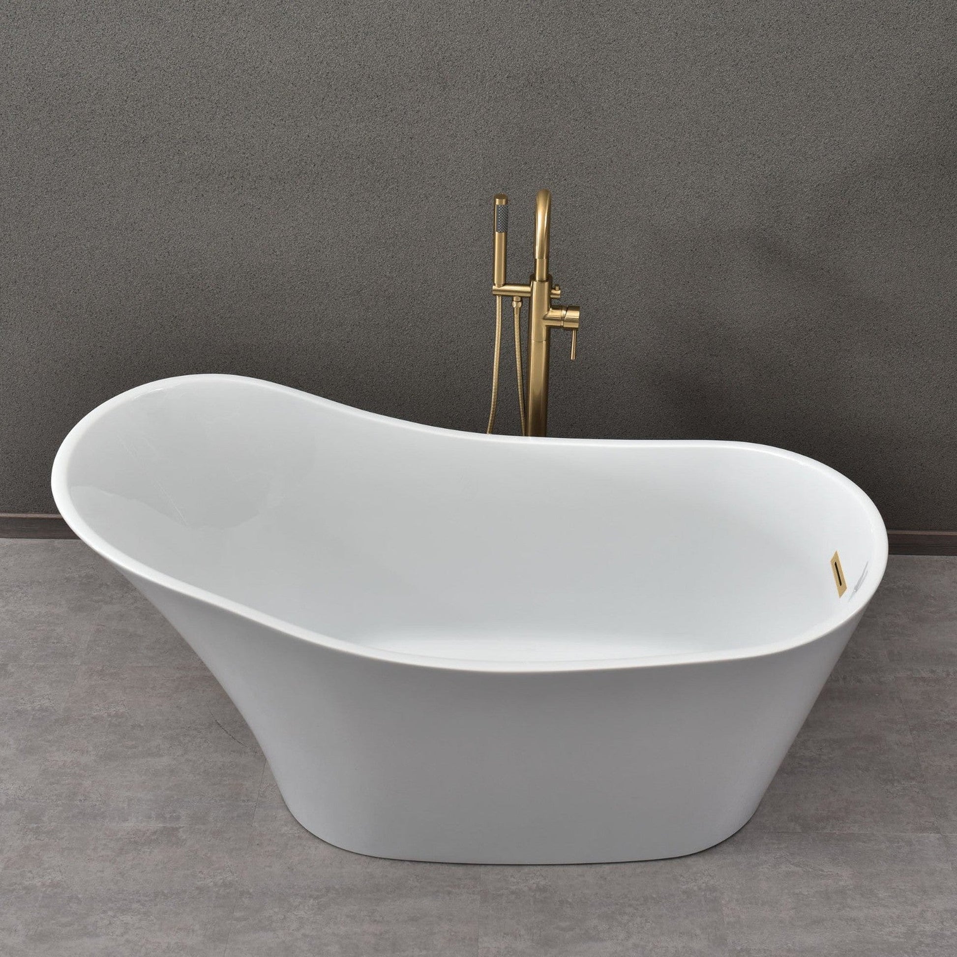 WoodBridge B0029 59" White Acrylic Freestanding Soaking Bathtub With Brushed Gold Drain, Overflow, F0073BGVT Tub Filler and Caddy Tray