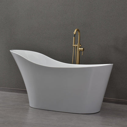 WoodBridge B0029 59" White Acrylic Freestanding Soaking Bathtub With Brushed Gold Drain and Overflow