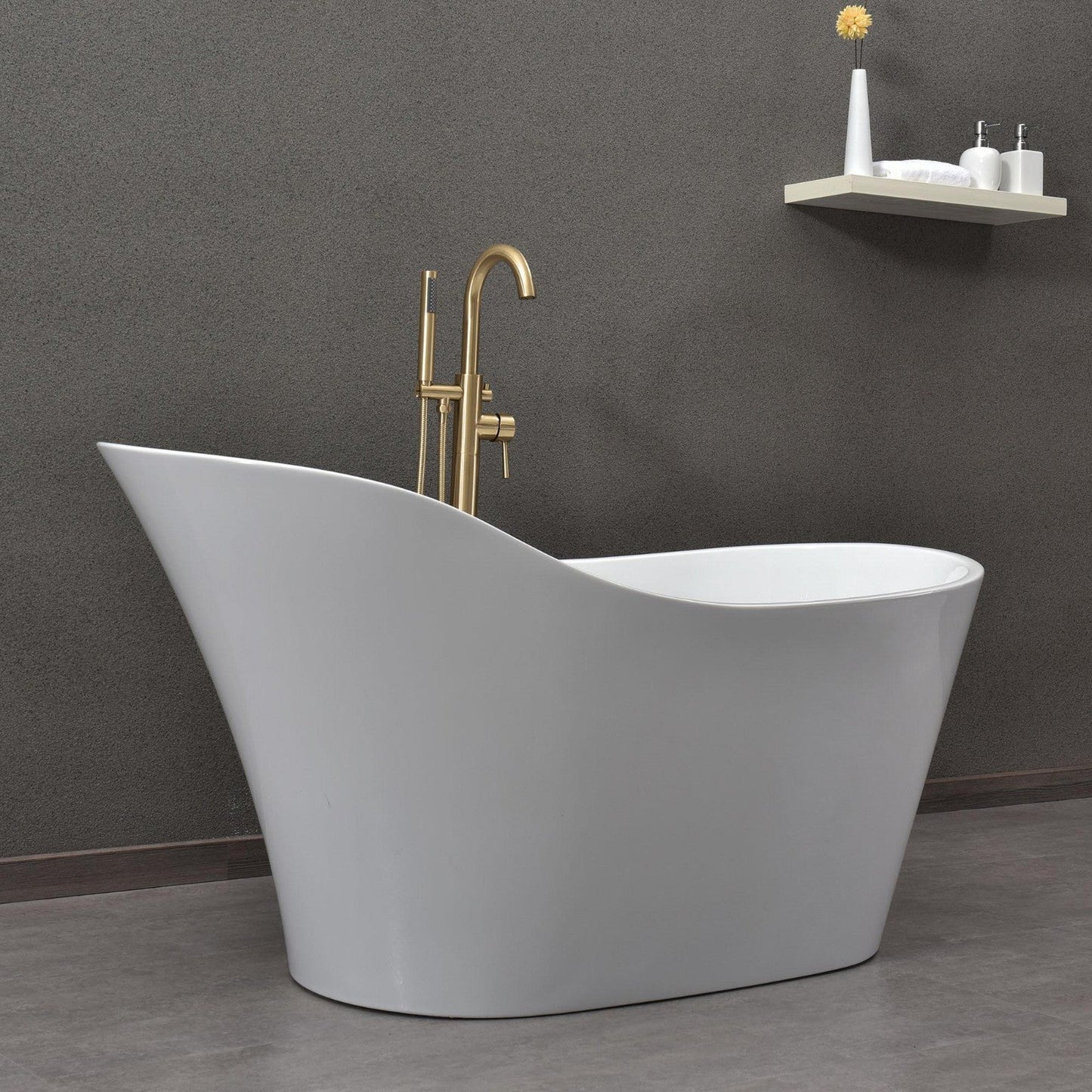 WoodBridge B0029 59" White Acrylic Freestanding Soaking Bathtub With Brushed Gold Drain and Overflow