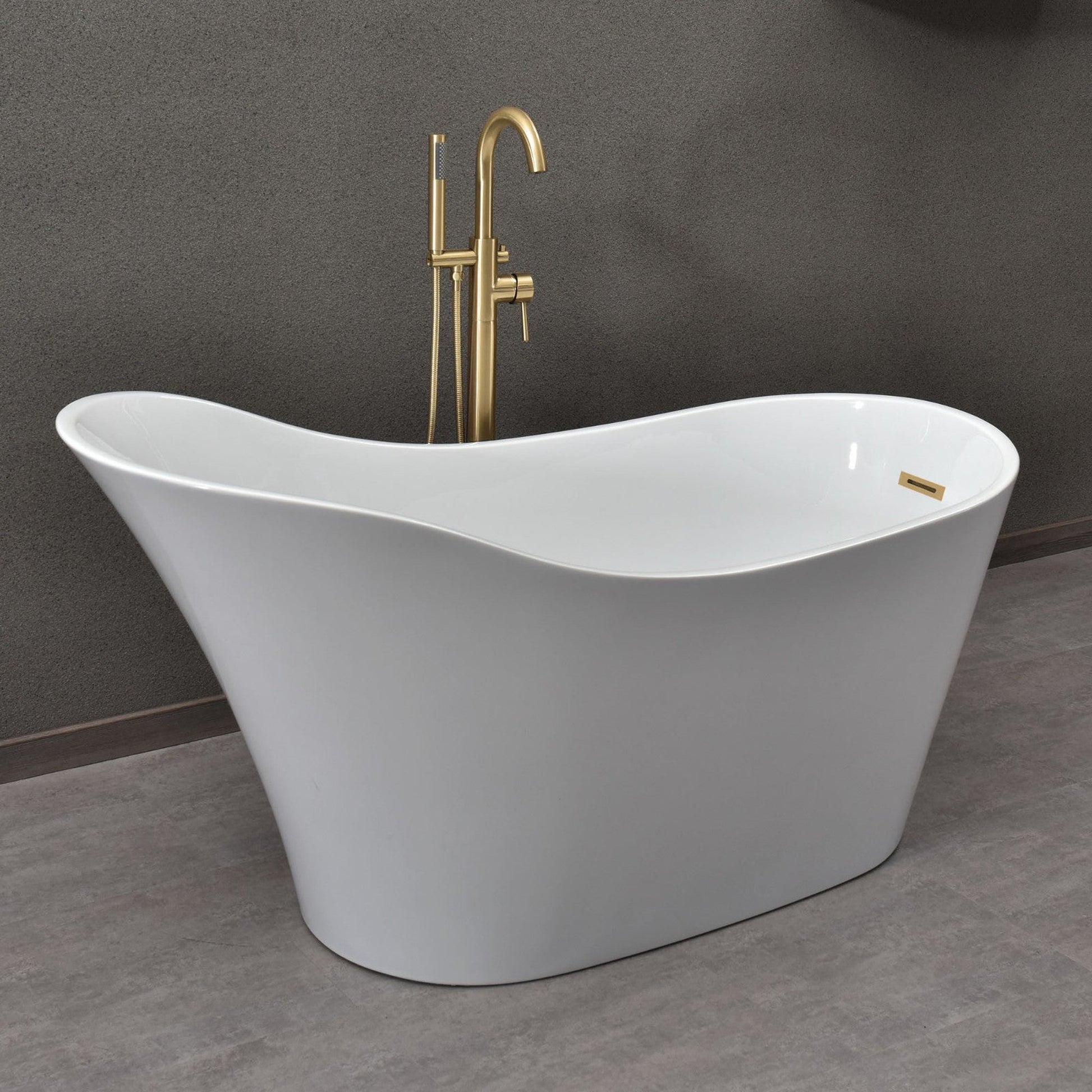 WoodBridge B0029 59" White Acrylic Freestanding Soaking Bathtub With Brushed Gold Drain and Overflow