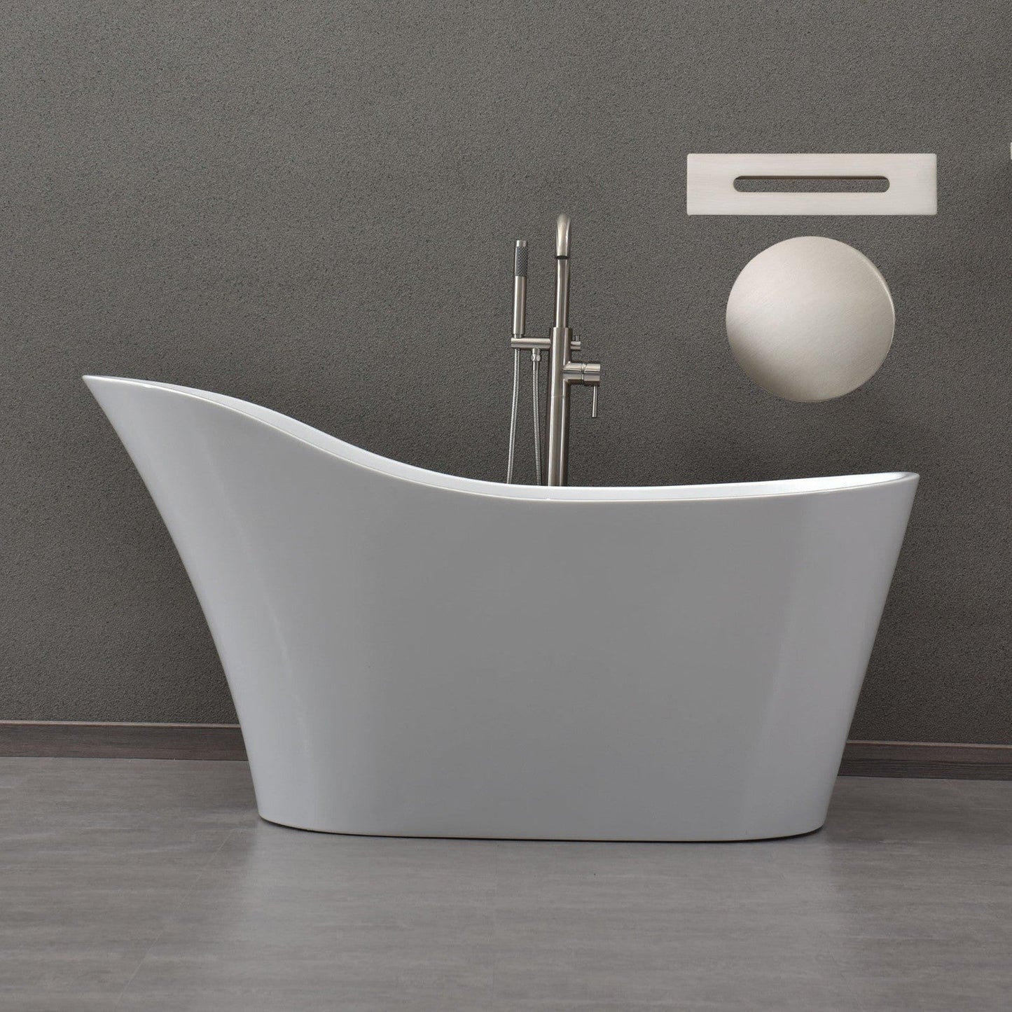 WoodBridge B0029 59" White Acrylic Freestanding Soaking Bathtub With Brushed Nickel Drain, Overflow, F0070BNVT Tub Filler and Caddy Tray