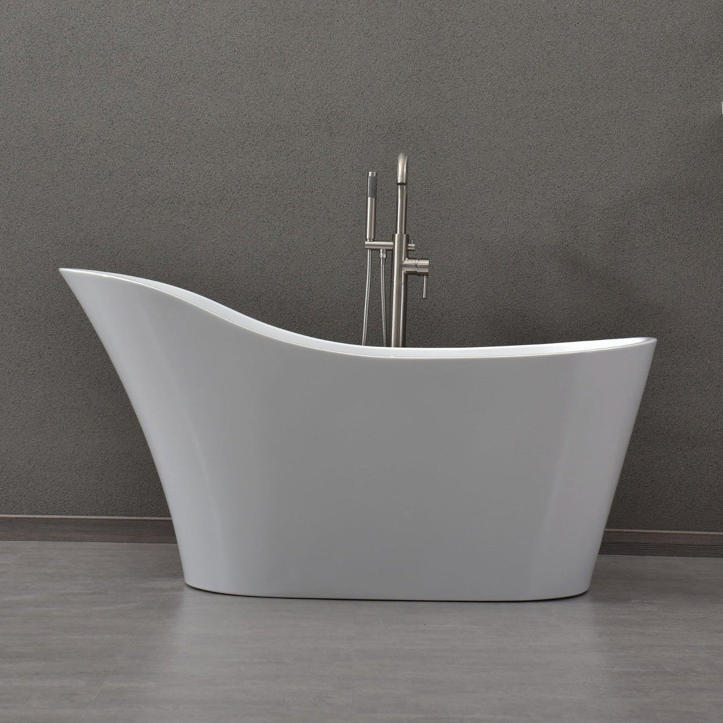 WoodBridge B0029 59" White Acrylic Freestanding Soaking Bathtub With Brushed Nickel Drain, Overflow, F0070BNVT Tub Filler and Caddy Tray