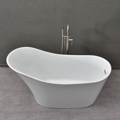 WoodBridge B0029 59" White Acrylic Freestanding Soaking Bathtub With Brushed Nickel Drain, Overflow, F0070BNVT Tub Filler and Caddy Tray