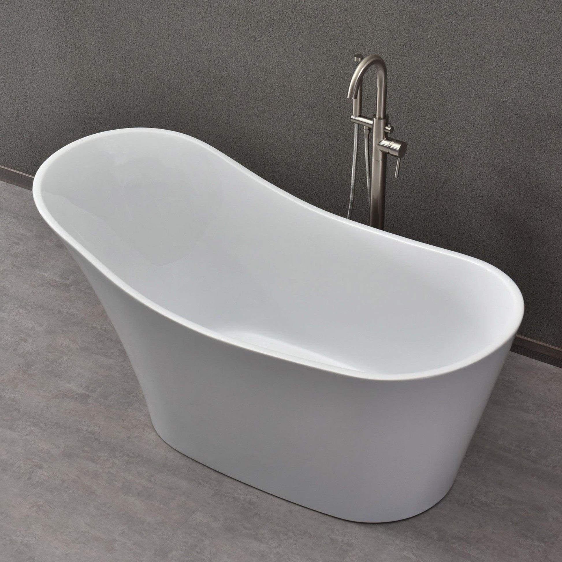 WoodBridge B0029 59" White Acrylic Freestanding Soaking Bathtub With Brushed Nickel Drain, Overflow, F0070BNVT Tub Filler and Caddy Tray