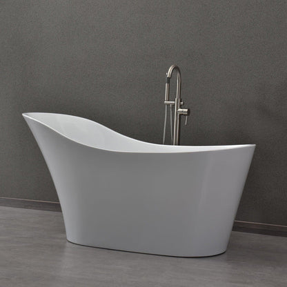 WoodBridge B0029 59" White Acrylic Freestanding Soaking Bathtub With Brushed Nickel Drain, Overflow, F0070BNVT Tub Filler and Caddy Tray