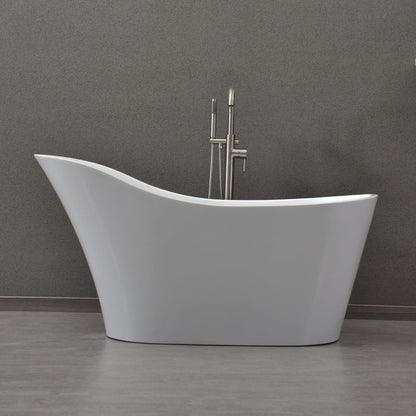 WoodBridge B0029 59" White Acrylic Freestanding Soaking Bathtub With Brushed Nickel Drain and Overflow