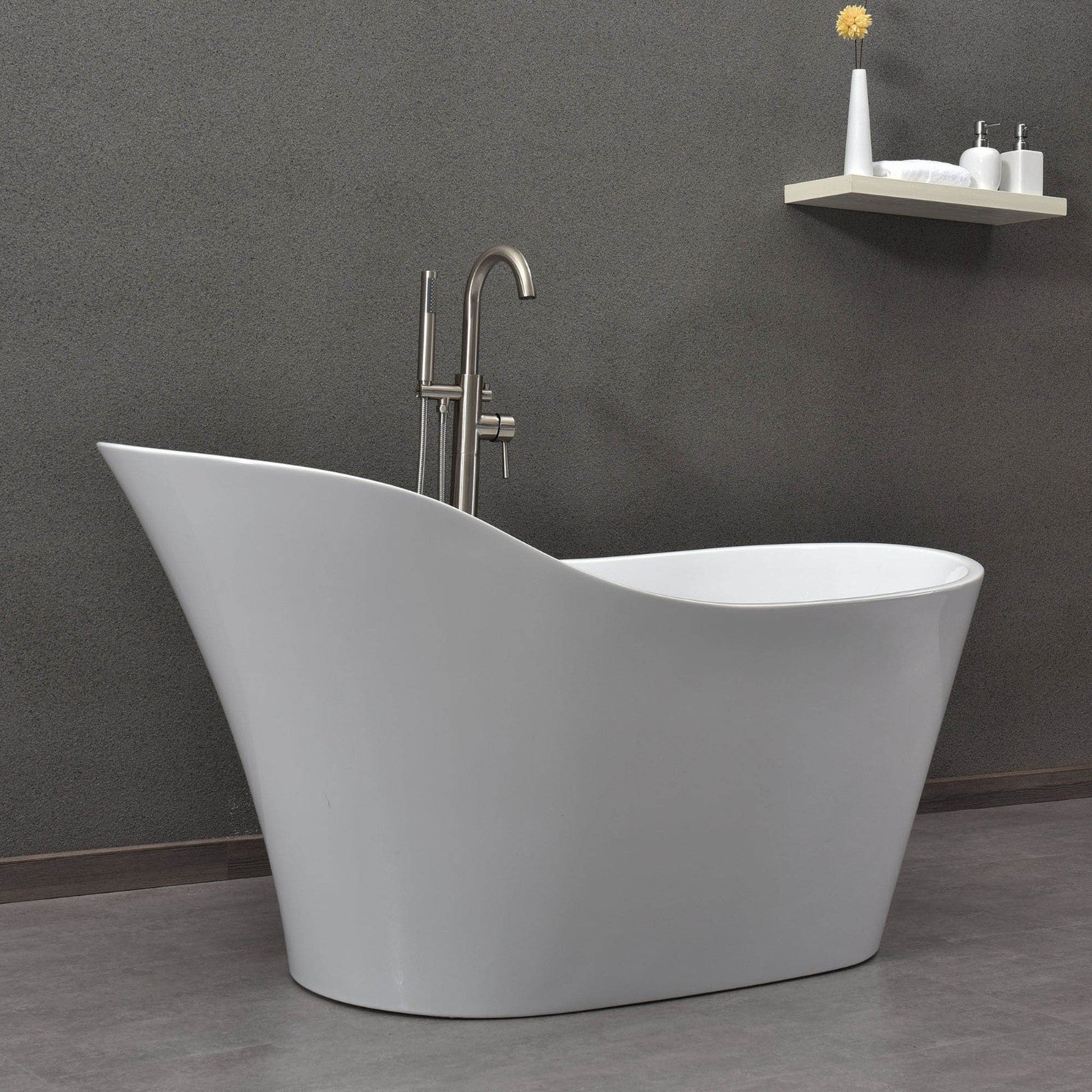 WoodBridge B0029 59" White Acrylic Freestanding Soaking Bathtub With Brushed Nickel Drain and Overflow