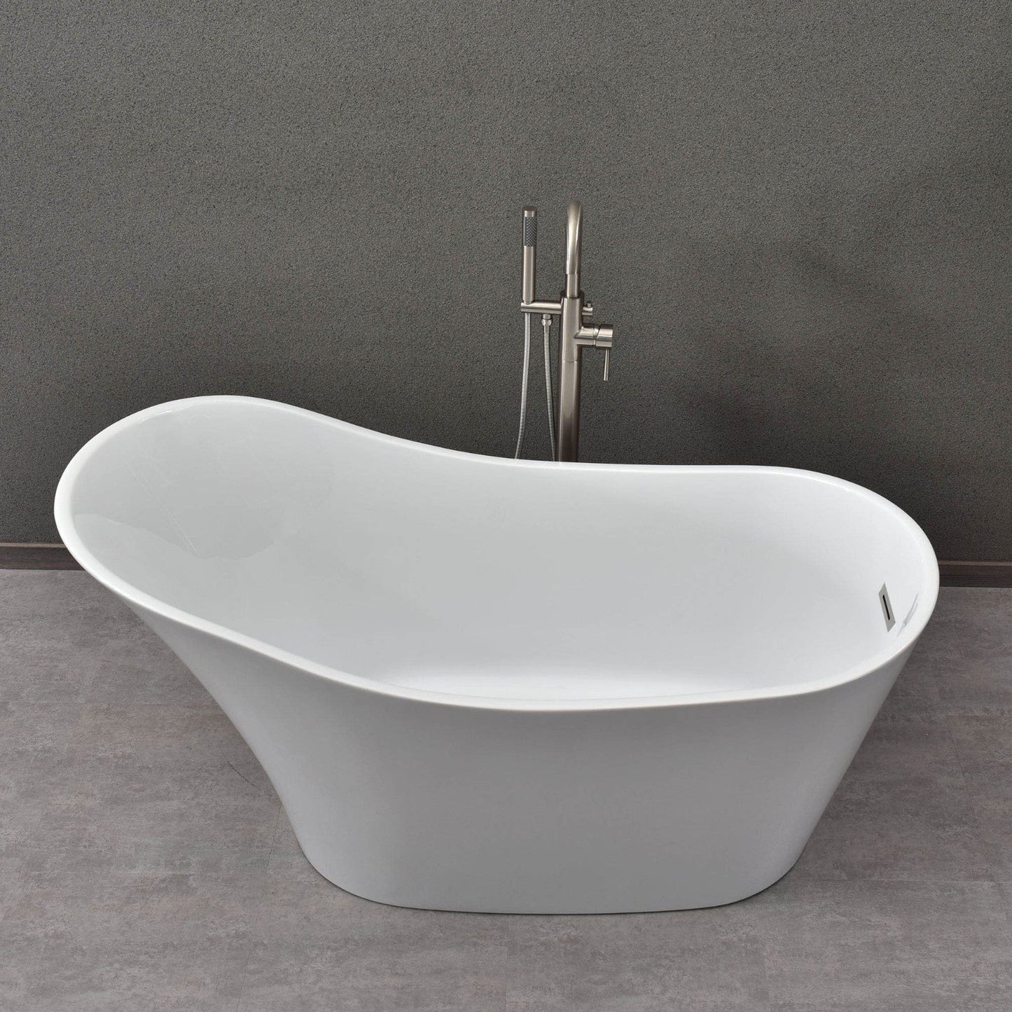 WoodBridge B0029 59" White Acrylic Freestanding Soaking Bathtub With Brushed Nickel Drain and Overflow