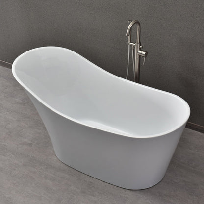 WoodBridge B0029 59" White Acrylic Freestanding Soaking Bathtub With Brushed Nickel Drain and Overflow