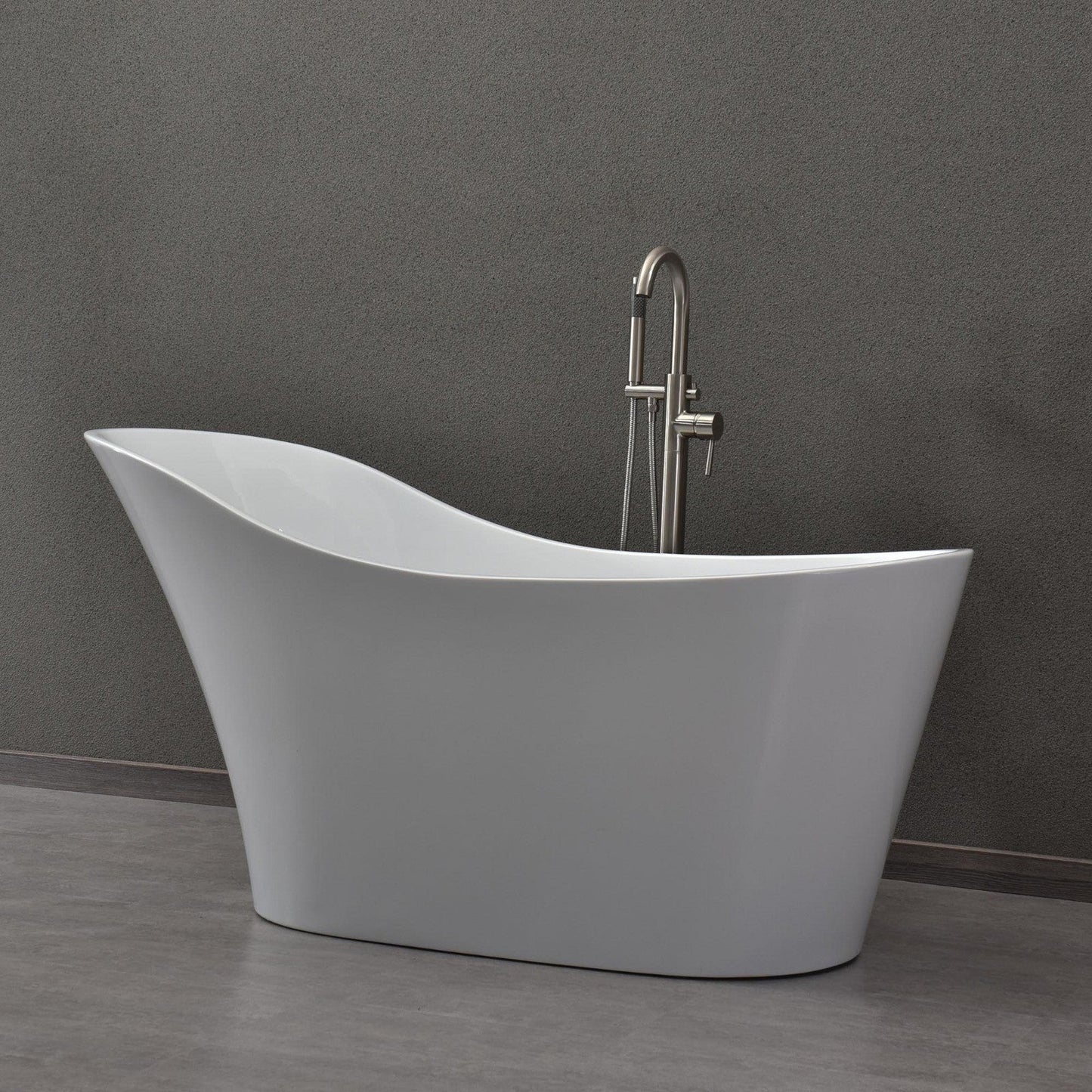 WoodBridge B0029 59" White Acrylic Freestanding Soaking Bathtub With Brushed Nickel Drain and Overflow